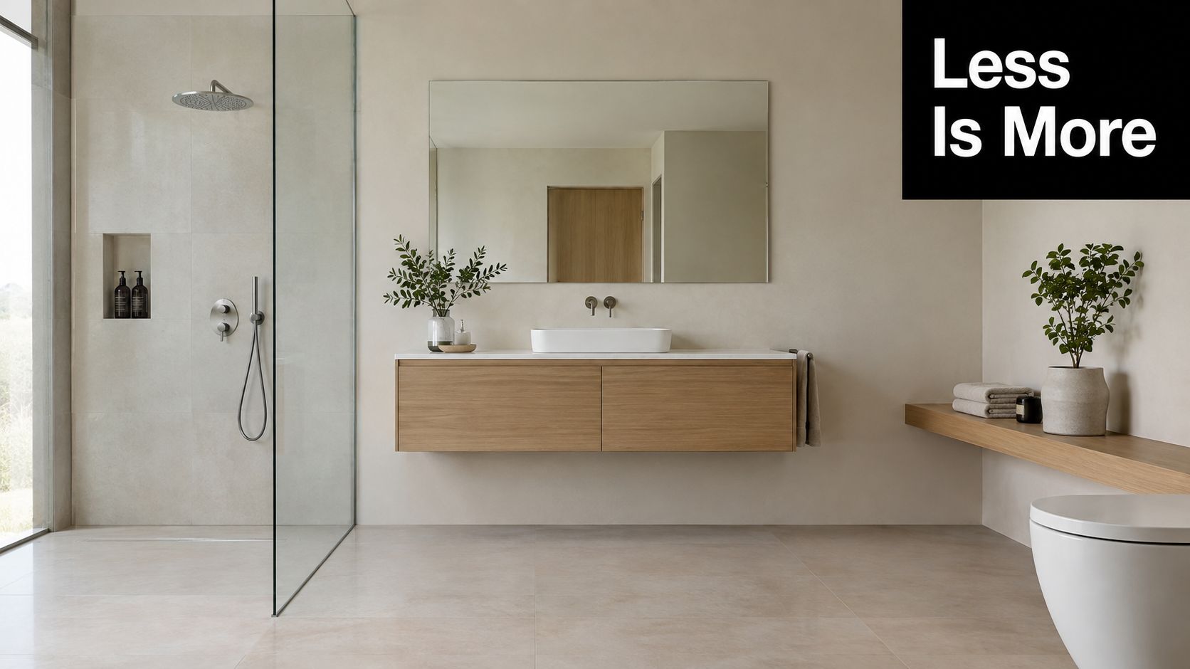 A modern minimalist bathroom featuring a floating wooden vanity, neutral stone walls, and a glass shower.