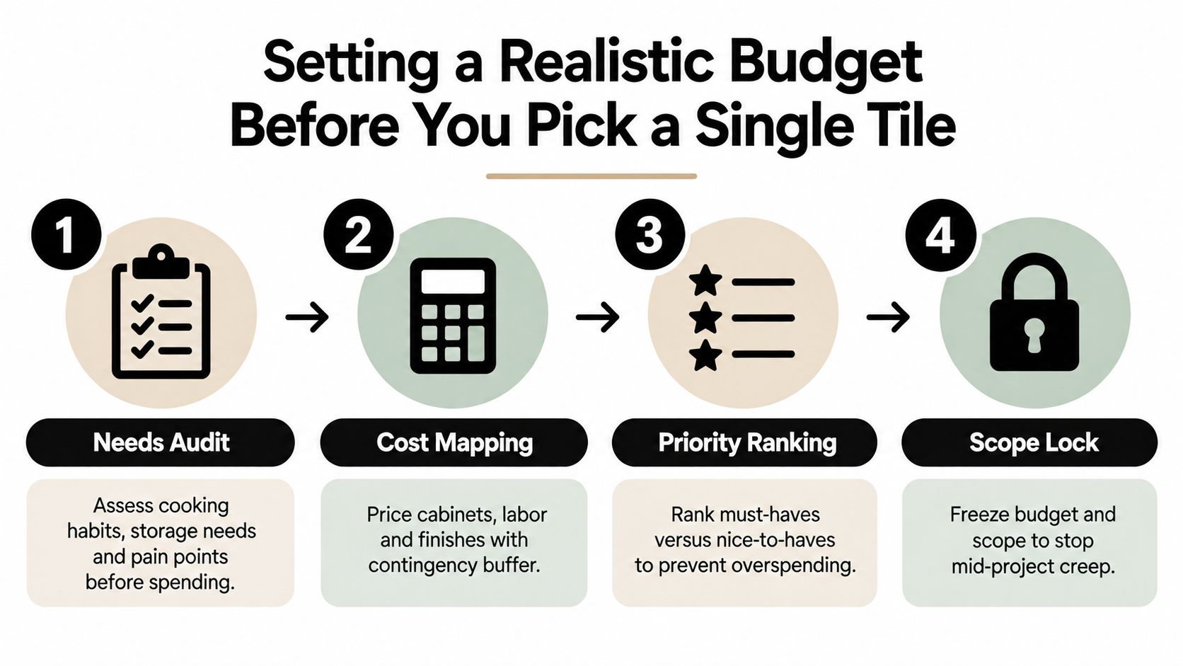 A four-step infographic illustrating how to plan a realistic budget for kitchen remodeling projects effectively.