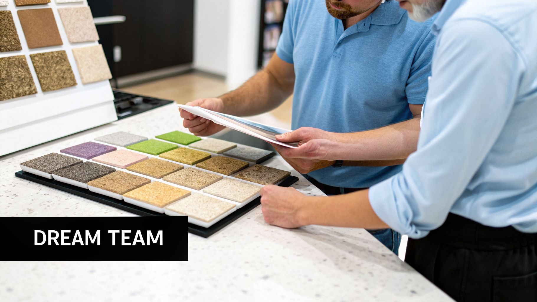 Two men reviewing various material and carpet samples for a whole home renovation project.
